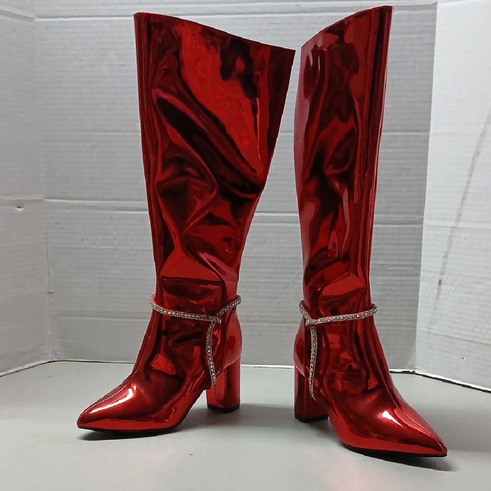 Olivia Miller Shiny Metallic Red Knee-High Heeled Boots w/ Rhinestone Straps 7